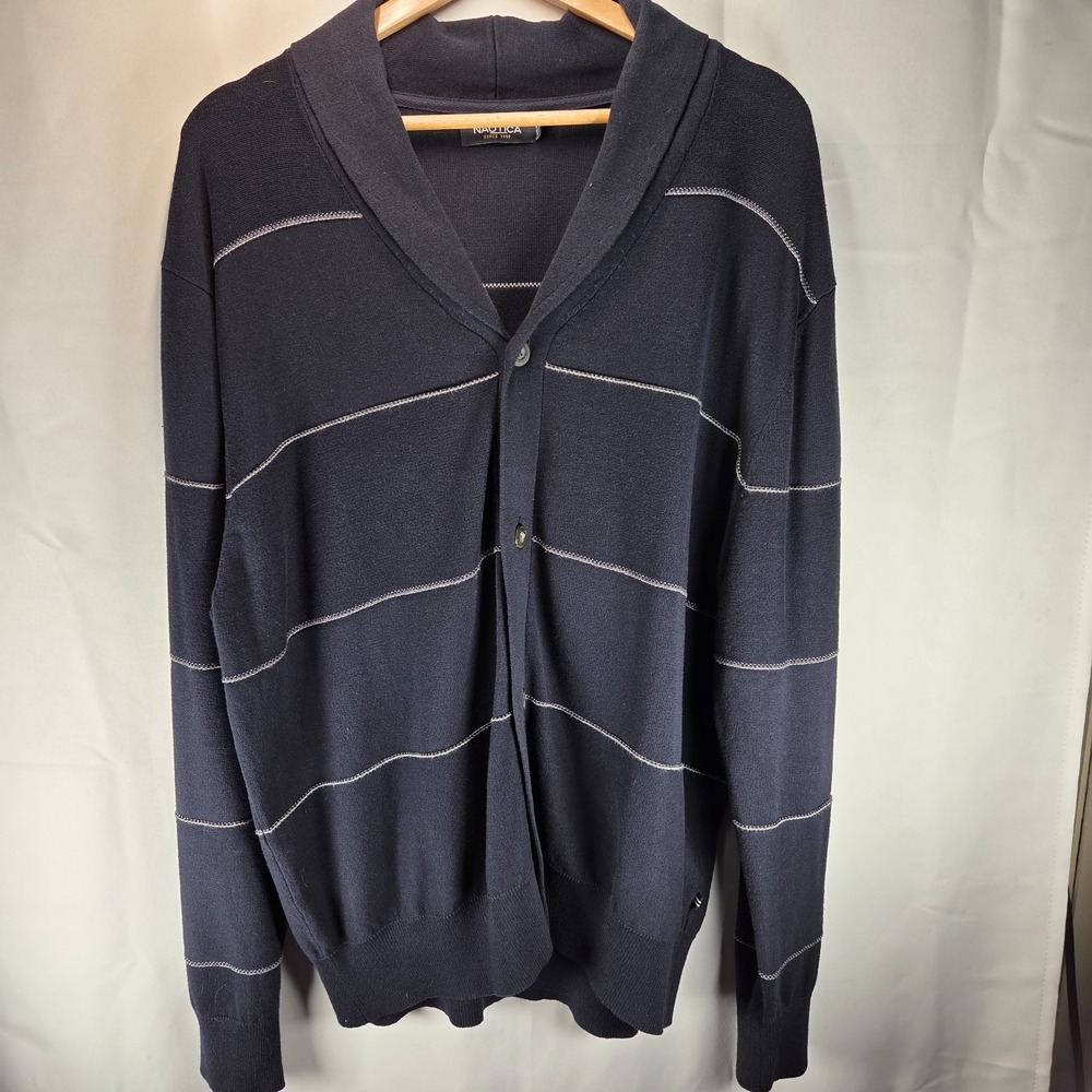 Men's Nautica Large‎ Navy Button Up White Stripes LS Cardigan Sweater